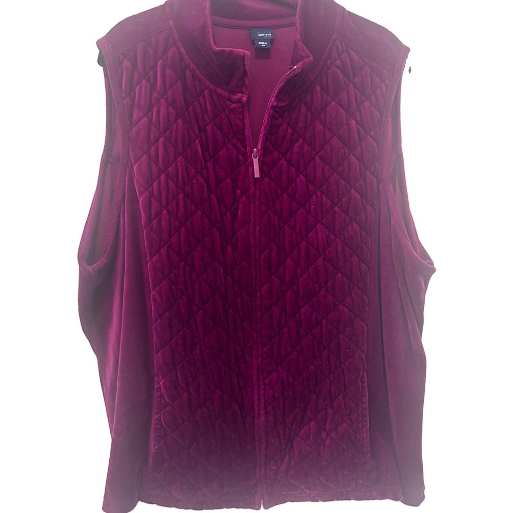 Basic Editions Vest Women XXL Burgundy Soft Velour Quilted Cotton Blend Zip Up